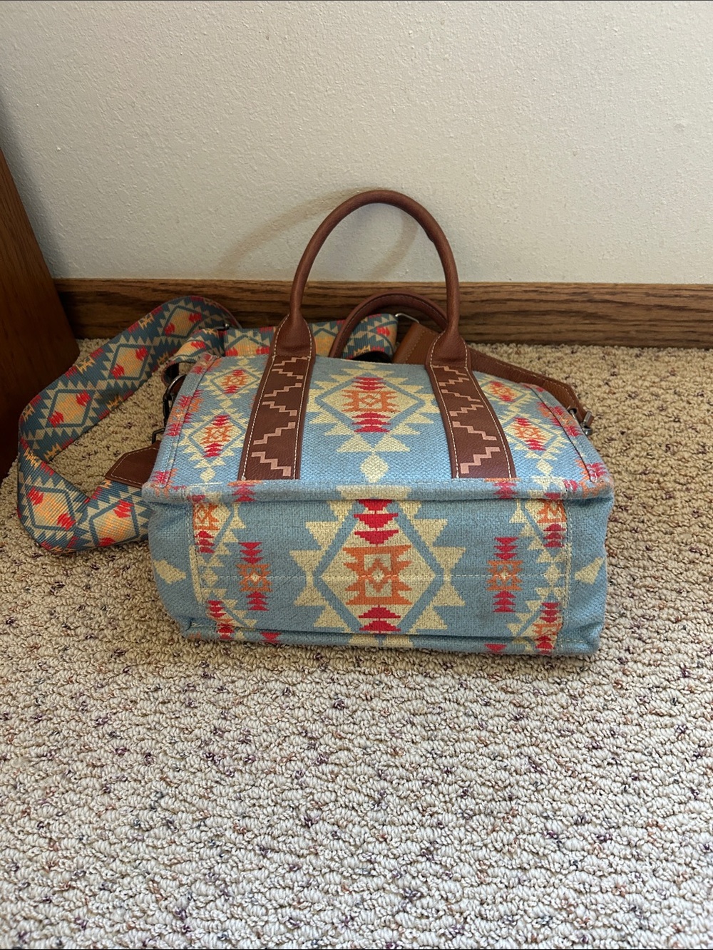 Wrangler Blue Aztec Canvas Satchel with Brown Trim - Picture 5 of 5